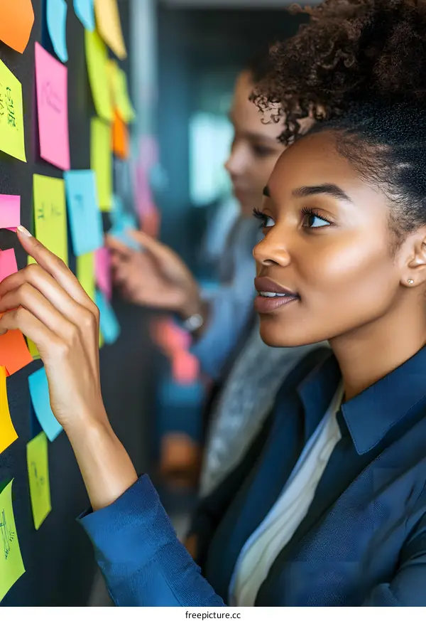 Two Diverse Women Collaborating on a Project with Sticky Notes