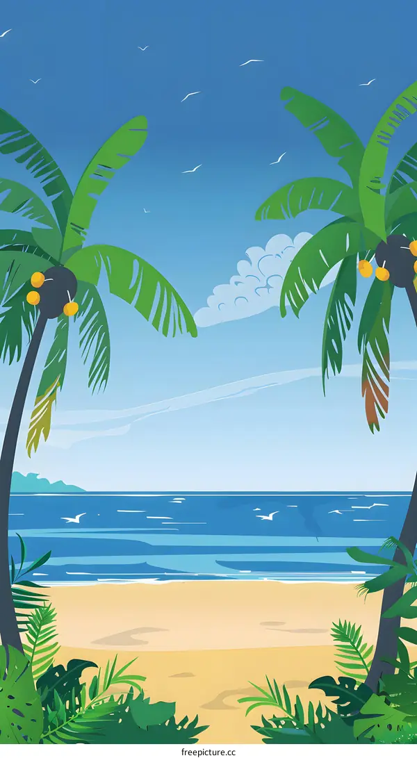 Tropical Beach Landscape with Palm Trees and Ocean