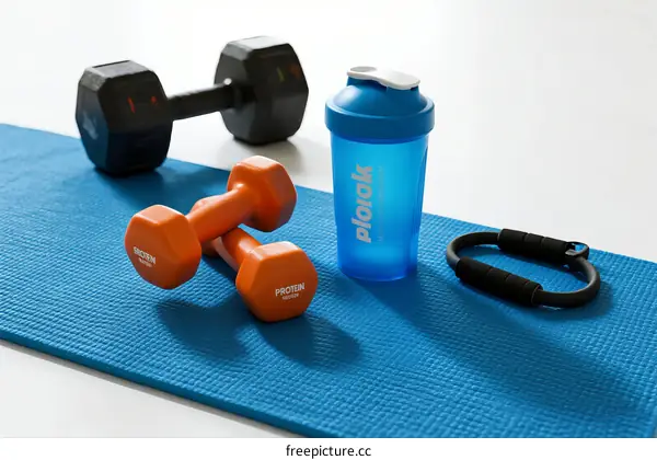 Set of fitness equipment including dumbbells, shaker and resistance band