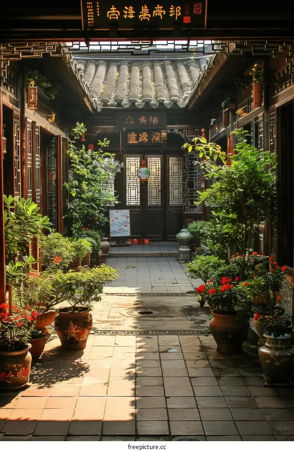 Courtyard with plants and traditional chinese architecture