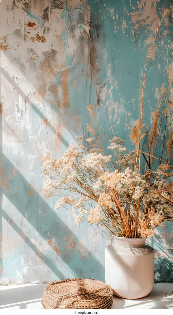 Dried Flowers in Vase on Rustic Wall with Sunlight