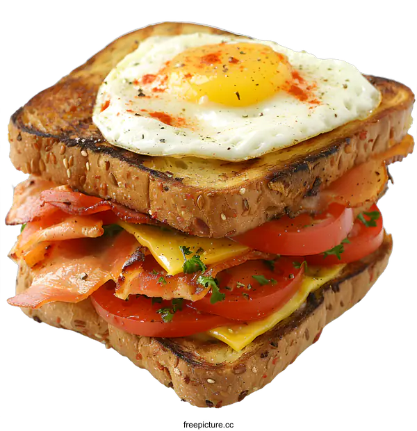 [Transparent Background PNG]Fried egg sandwich with bacon, tomato and cheese