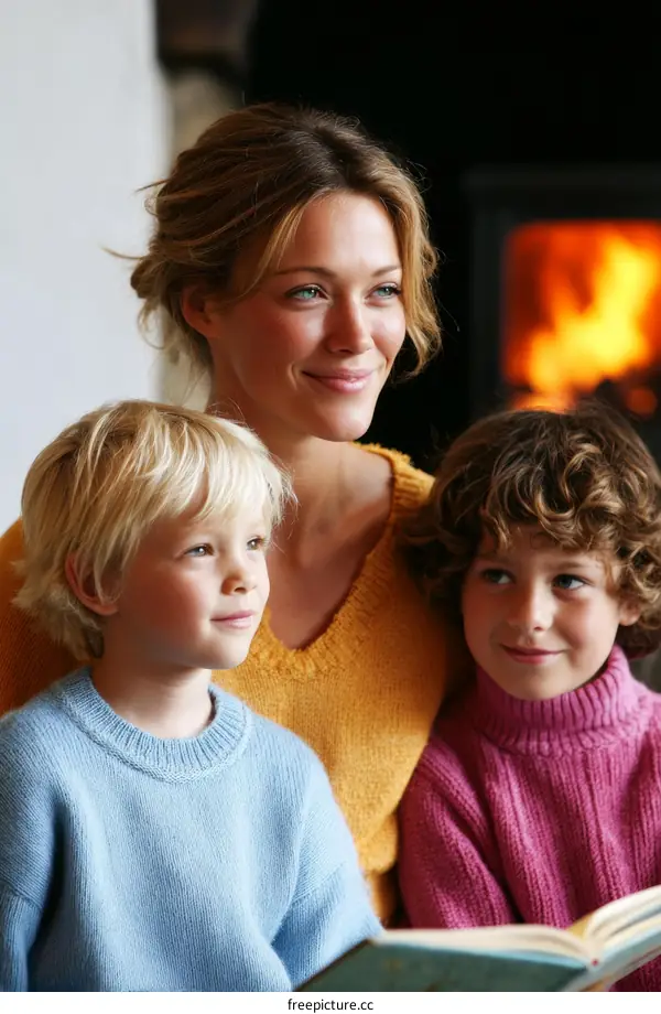 Family Reading Together By The Fireplace
