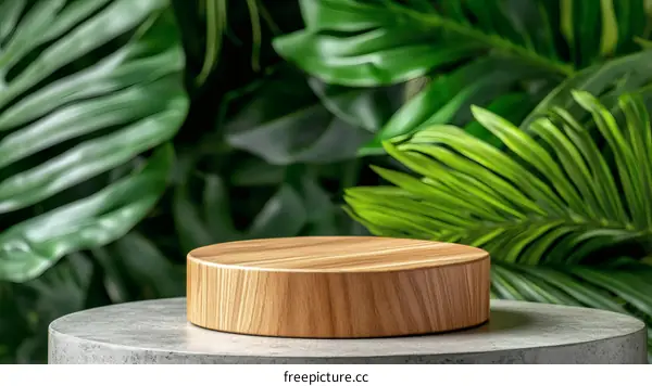 Wooden Display Podium in Lush Green Background