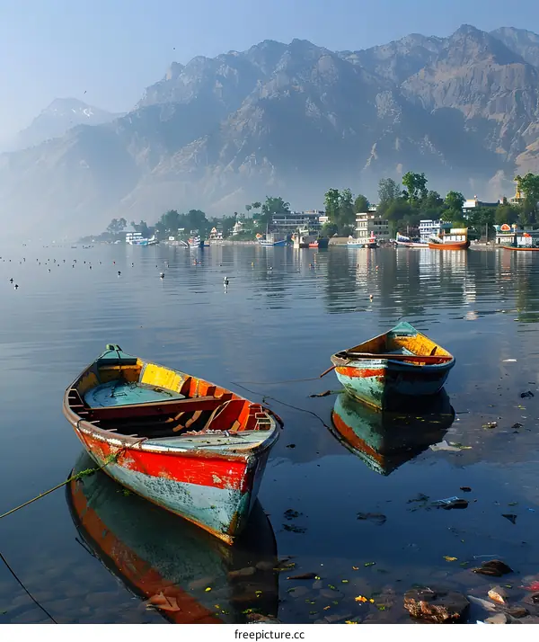 Two Colorful Boats on a Tranquil Lake with Mountains in the Background