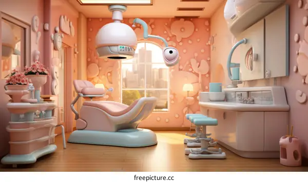 A Modern Dentist's Office Featuring a Pink and Blue Color Scheme