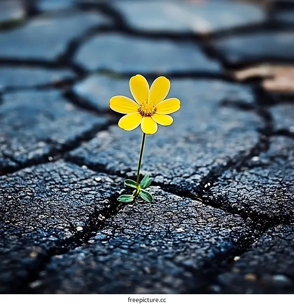 A Single Yellow Flower Blooms Through Cracks in the Pavement