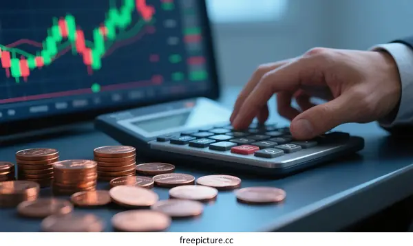 Man using calculator with coins and stock chart on desk