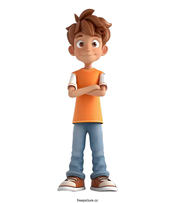 [Transparent Background PNG]A 3D rendering of a boy standing with crossed arms