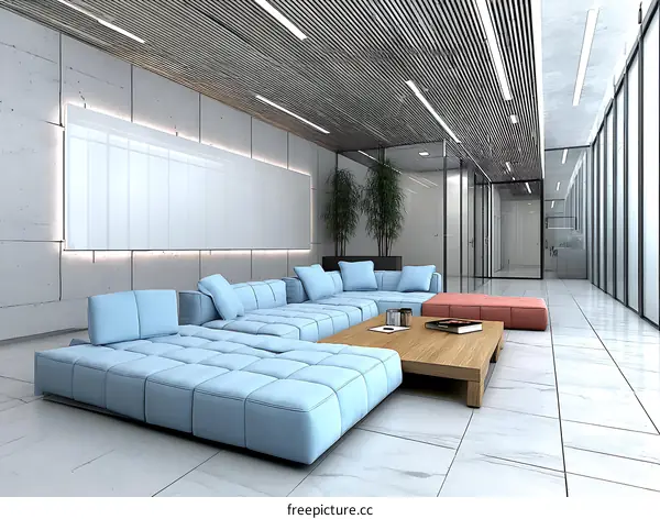 Modern Light Blue Modular Sofa in a Contemporary Office
