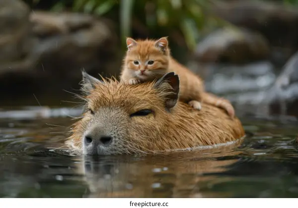 A capybara and a kitten are swimming in the water