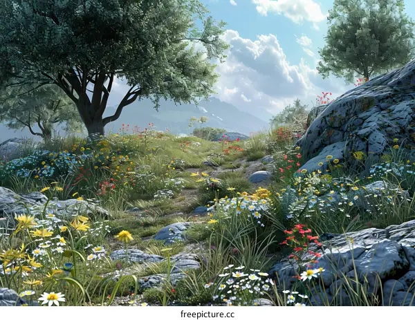 Colorful Wildflowers on a Green Hillside