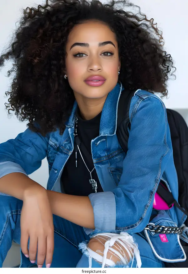 Portrait of a Young Black Woman Wearing a Denim Jacket