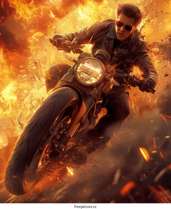 A man riding a motorcycle through a fiery explosion