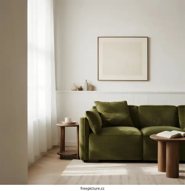 Cozy Green Sofa in Modern Minimalist Living Room with White Walls
