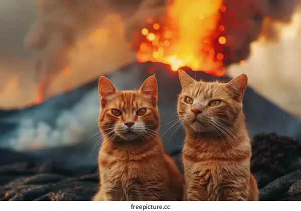 Two ginger cats sitting in front of a volcanic eruption