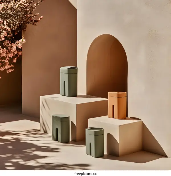 Modern Minimalist Green and Orange Stools in a Minimalist Setting