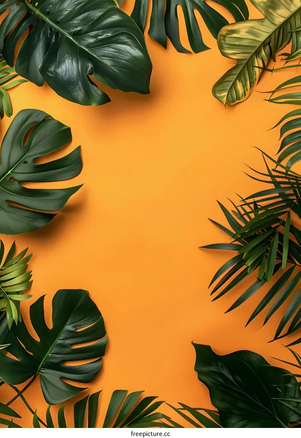 Tropical Leaf Frame on Orange Background