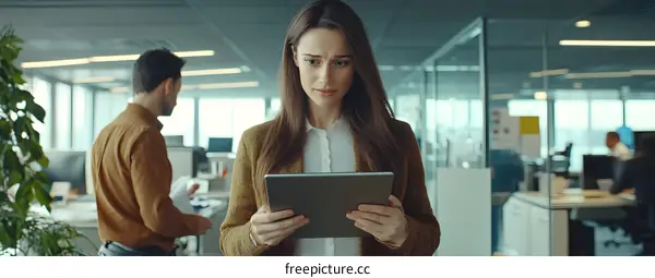 Young Woman Looking Worried While Reading News on Tablet in Modern Office