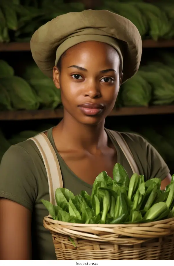 Portrait of a Young African American Woman in a Beret with a Basket of Lettuce