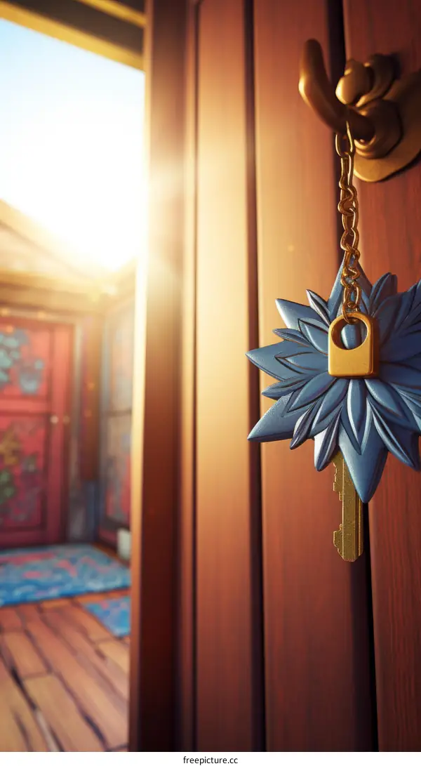 Blue Artistic Flower Key Chain Hanging on Gold Chain by Open Wood Door with Light