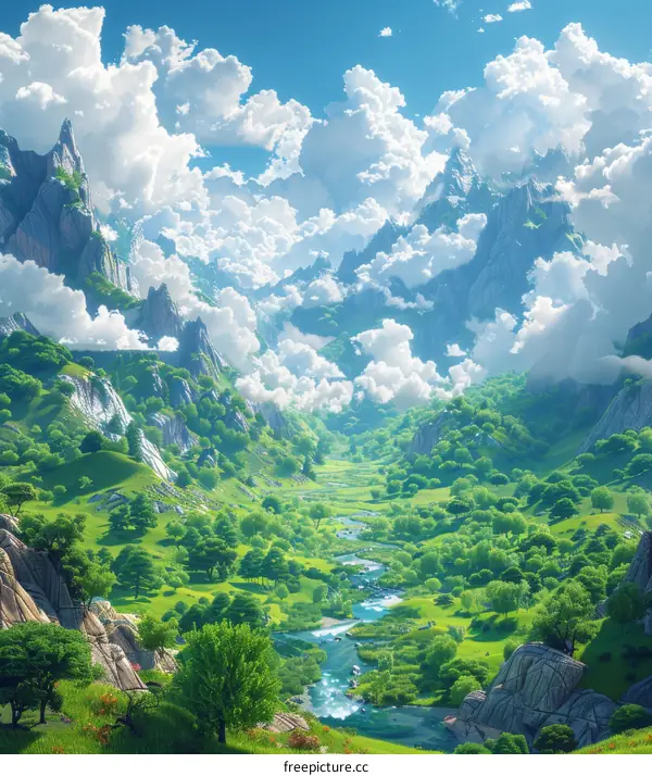 Fantasy Valley with Mountains, River, and Clouds
