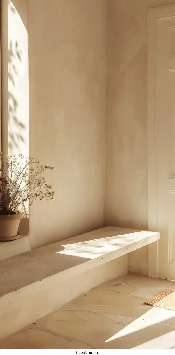 Minimalist Interior Design with Stone Bench and Sunlight