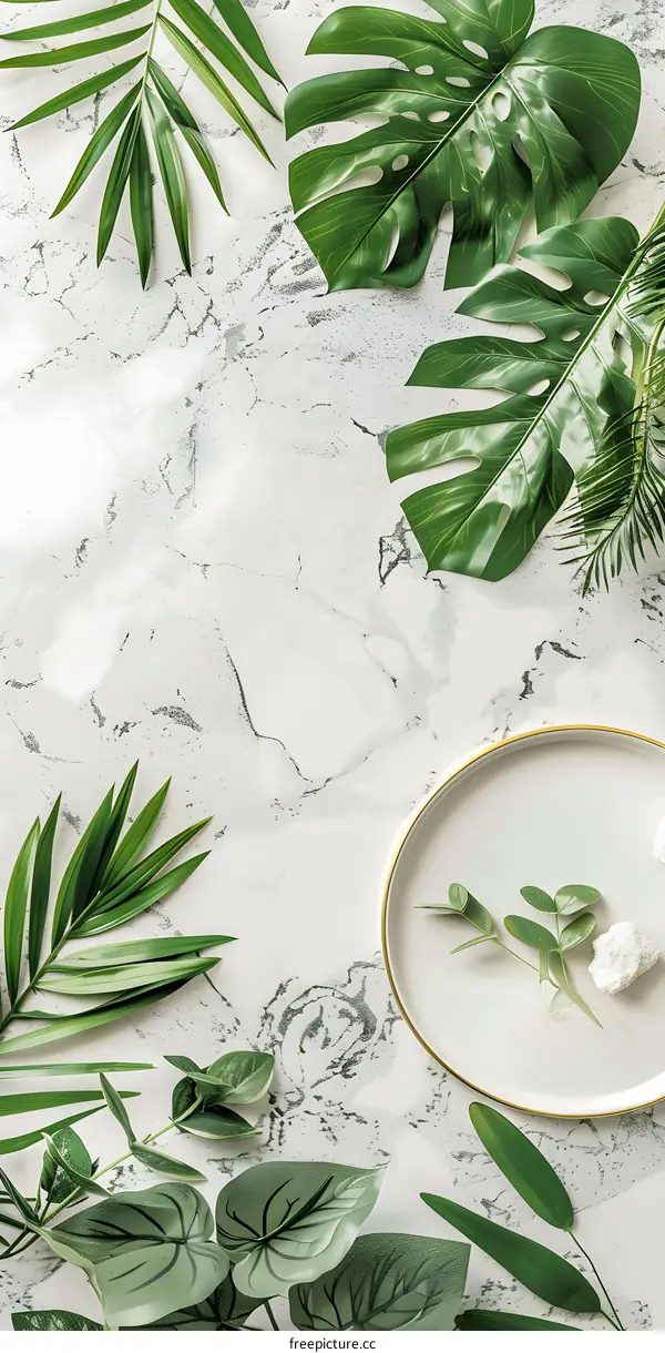 Tropical Leaves on Marble Background