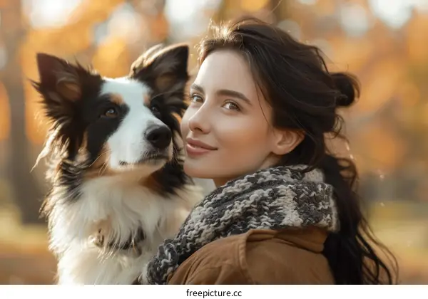 A young woman with a Border Collie dog in the fall