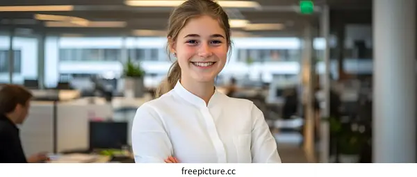 Smiling Caucasian Businesswoman in Modern Office