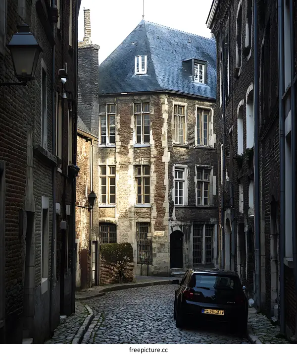 Cobblestone Street in European City With Old Buildings