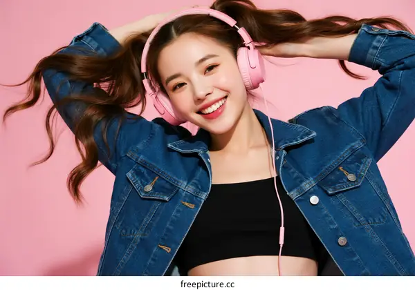 Young Woman Wearing Pink Headphones with Long Curly Hair