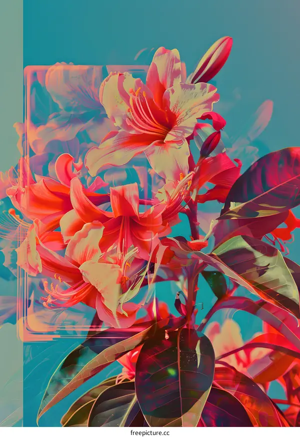 Red Flowers With Green Leaves and Blue Background