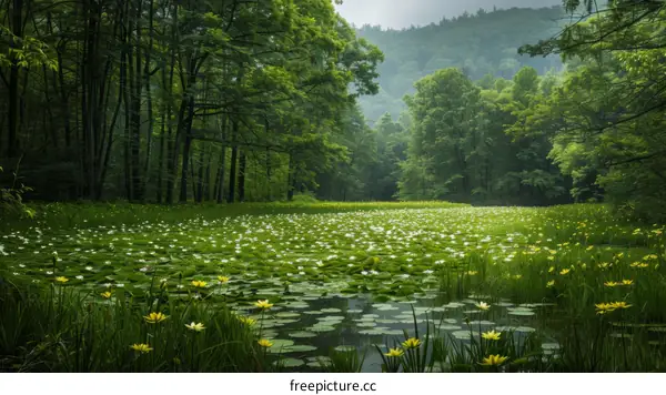 Serene Pond with White and Yellow Water Lilies in a Lush Forest