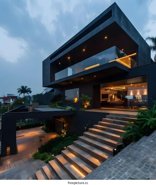 Modern Black House with Stone Stairs and Landscaping