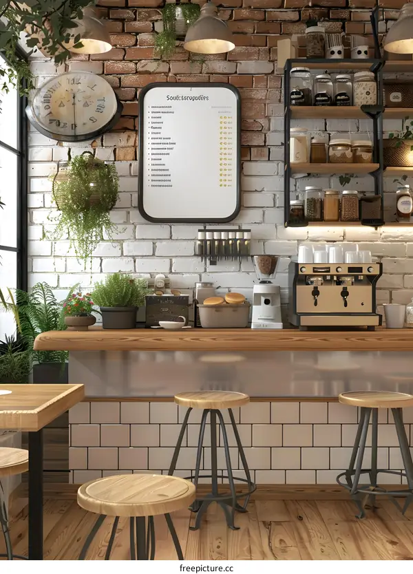 Interior Design of a Modern Cafe with Brick Walls and Wooden Furniture