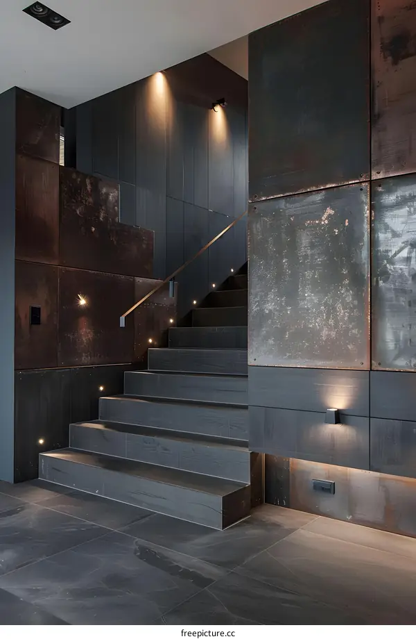 Modern Interior Design with Rustic Metal Wall and Staircase