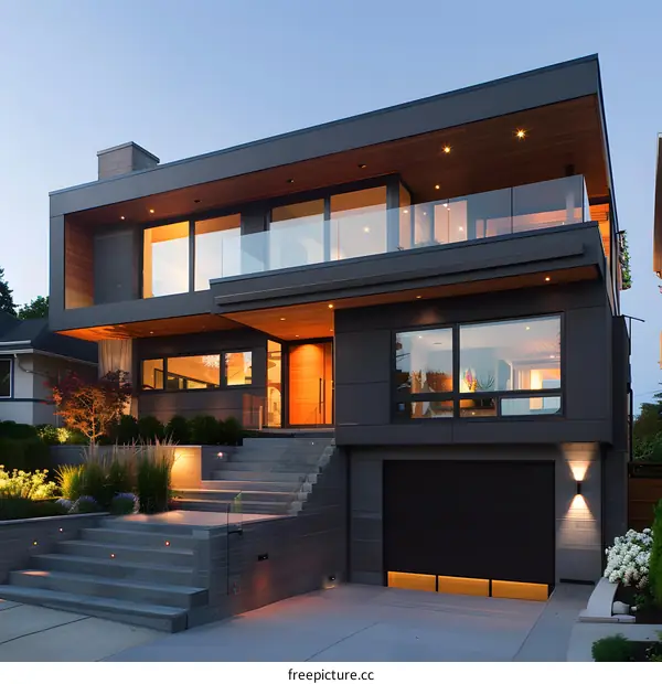 Modern Black House with Large Windows and Garage Door