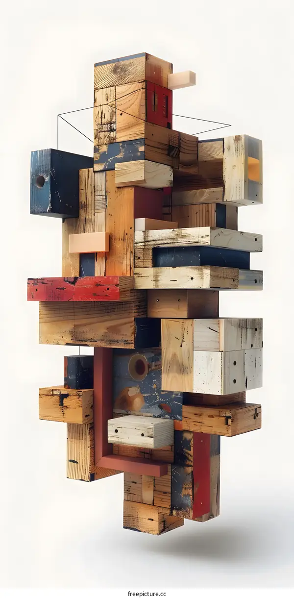 A wooden sculpture made of various shapes and colors