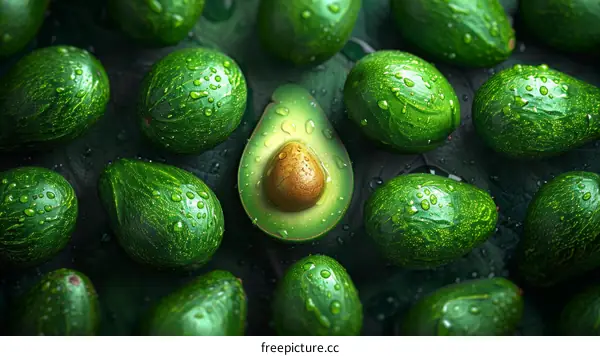 Close-up of a green avocado cut in half with a brown pit among whole green avocados with water drops