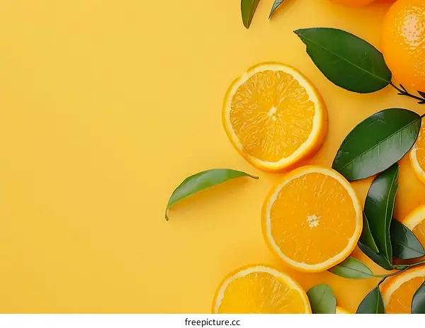 Fresh Orange Slices with Green Leaves on Yellow Background