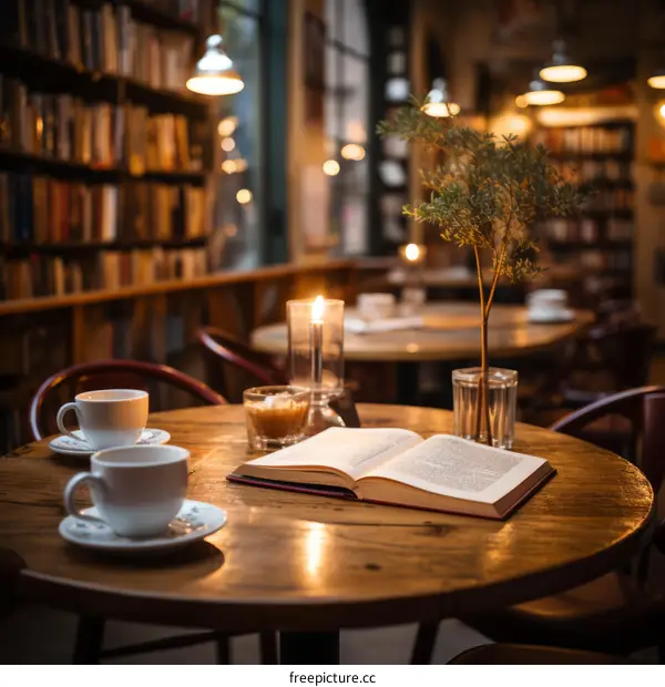 Still life with books, coffee cups and a plant