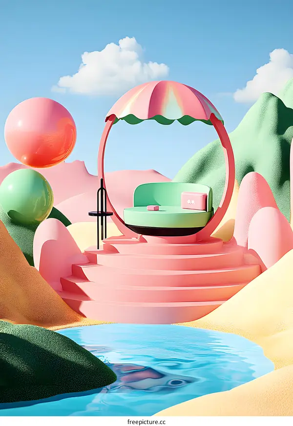 3D Rendered Illustration of a Pink and Green Landscape with a Colorful Umbrella