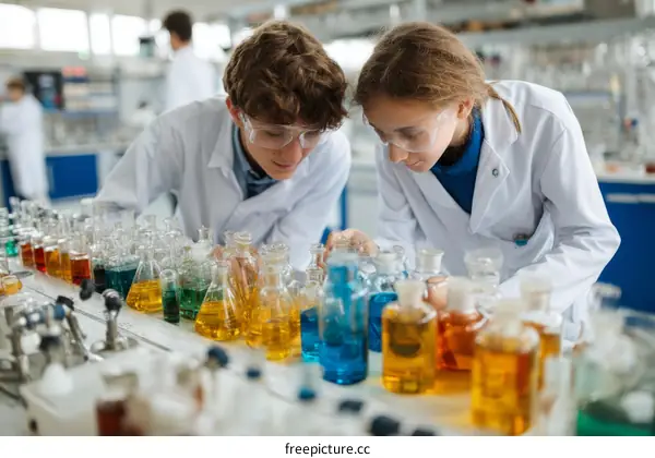 Science Students Experimenting with Colorful Chemicals in a Lab