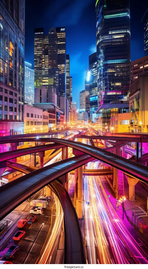 Urban expressway interchange at night with colorful light trails from traffic