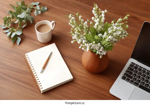 Cozy Workspace Workspace Arrangement with Flowers and Coffee