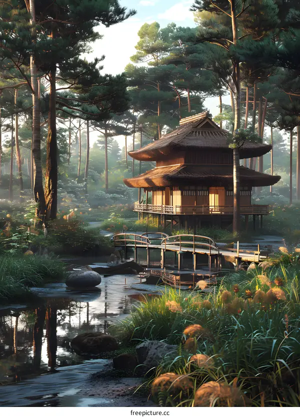 Japanese Style House in the Woods with a Bridge