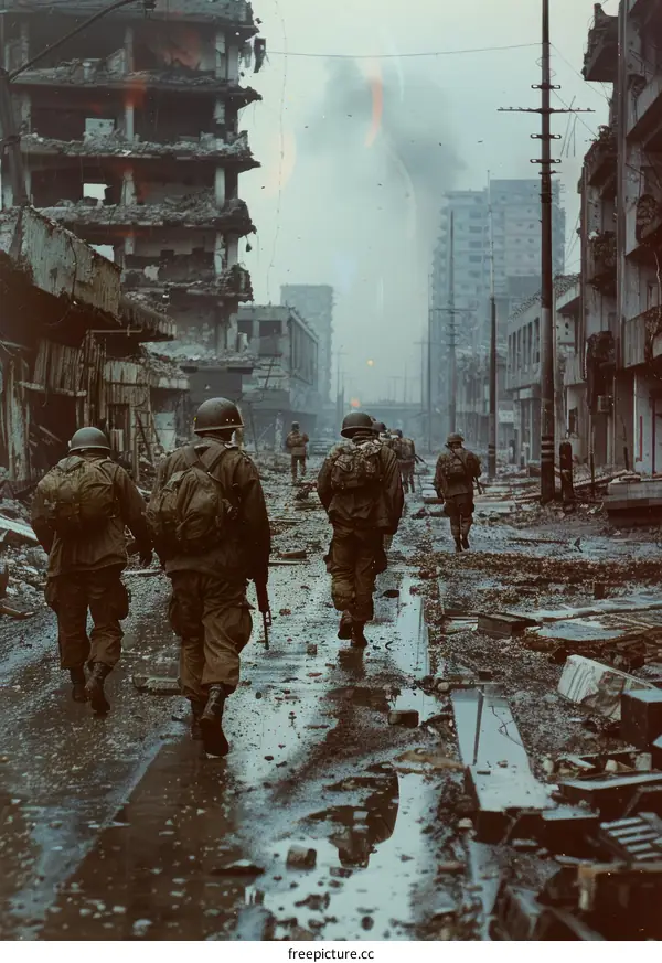 U.S. soldiers patrol through the streets of a destroyed city