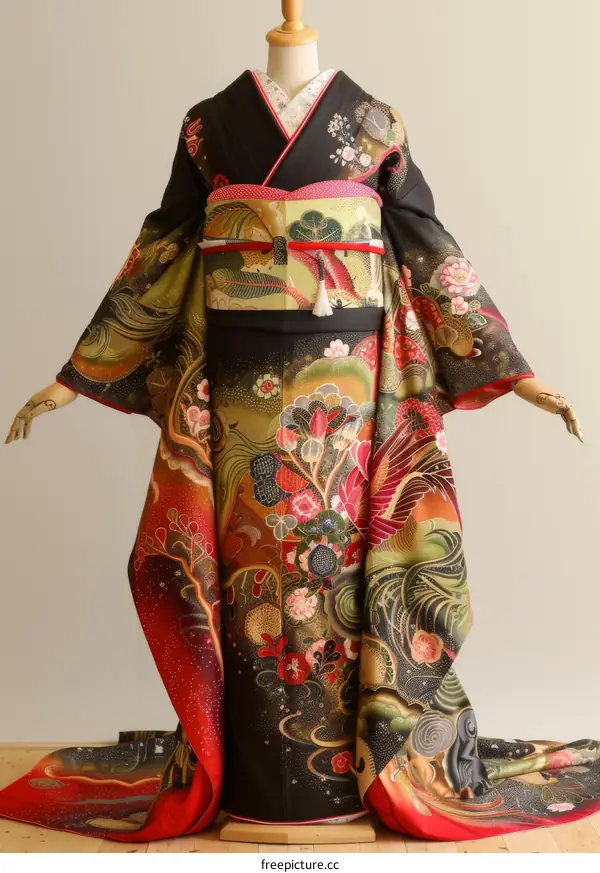 A woman wearing a black kimono with red and gold accents.