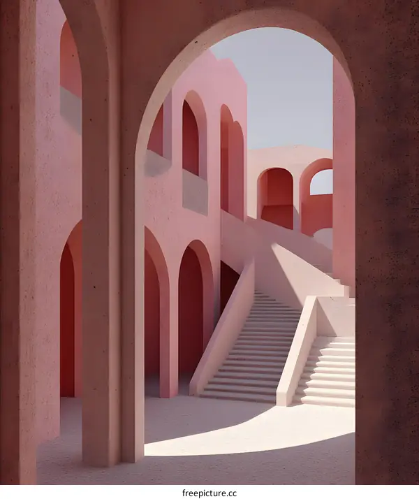 Minimalist 3D Render of Pink Archway Building with Stairs and Balcony